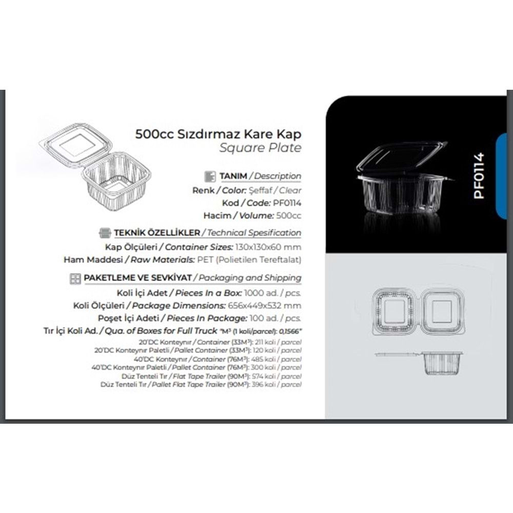 Pack Form 500cc DK Sızdırmaz Kase 100lü*10pk PF0114