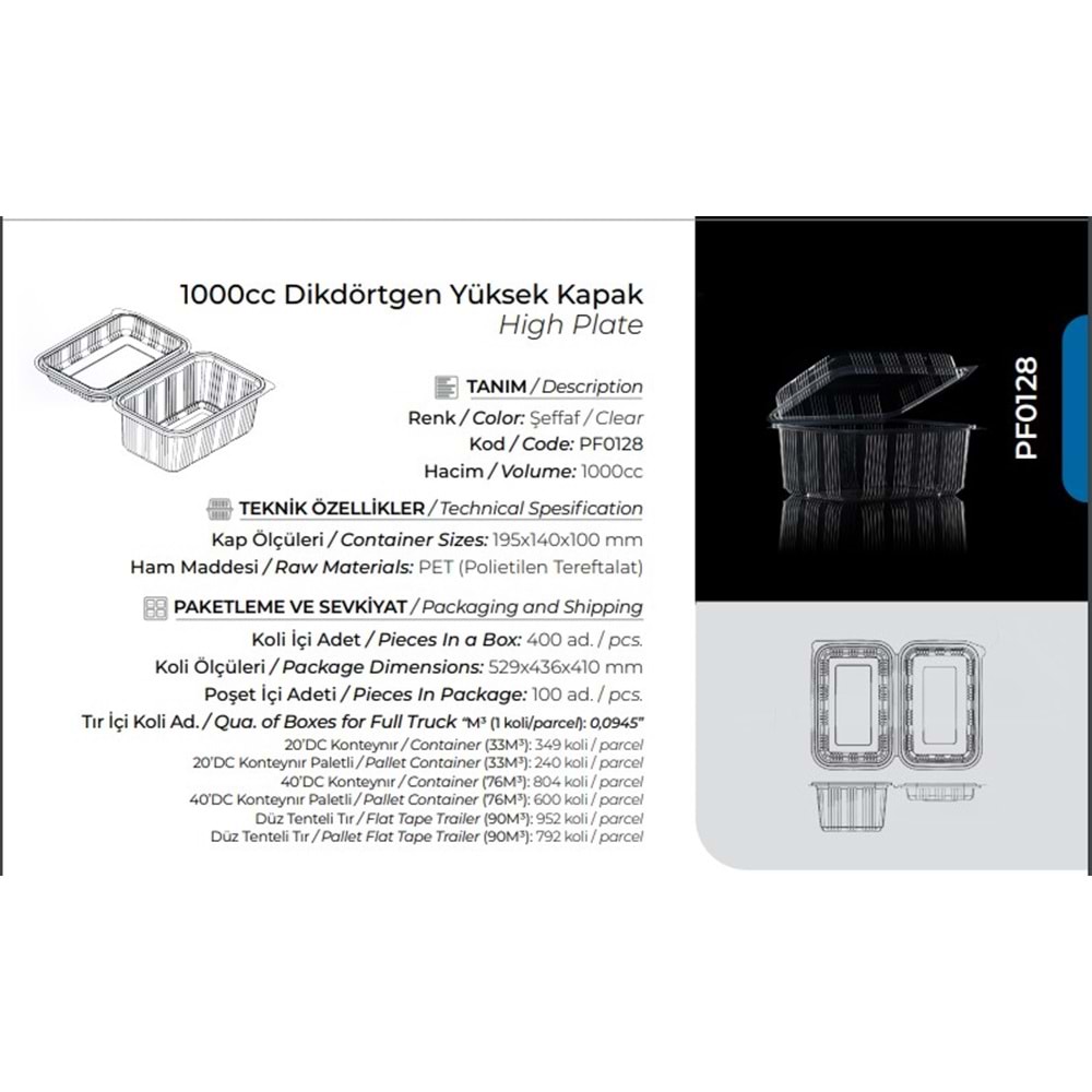 Pack Form 1000cc YK Sızdırmaz Kase 100lü*6pk PF0128