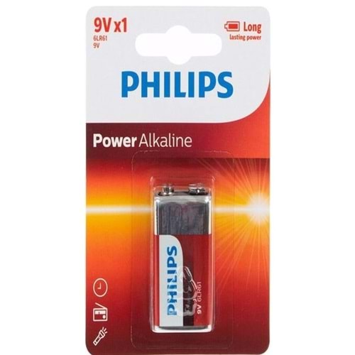 Philips Yassı Pil 9 Volt Power Alkaline 6LR61 9V X1 Pil