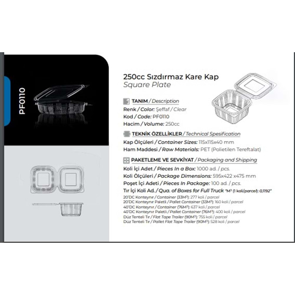 Pack Form 250cc DK Sızdırmaz Kase 100lü*10pk PF0110