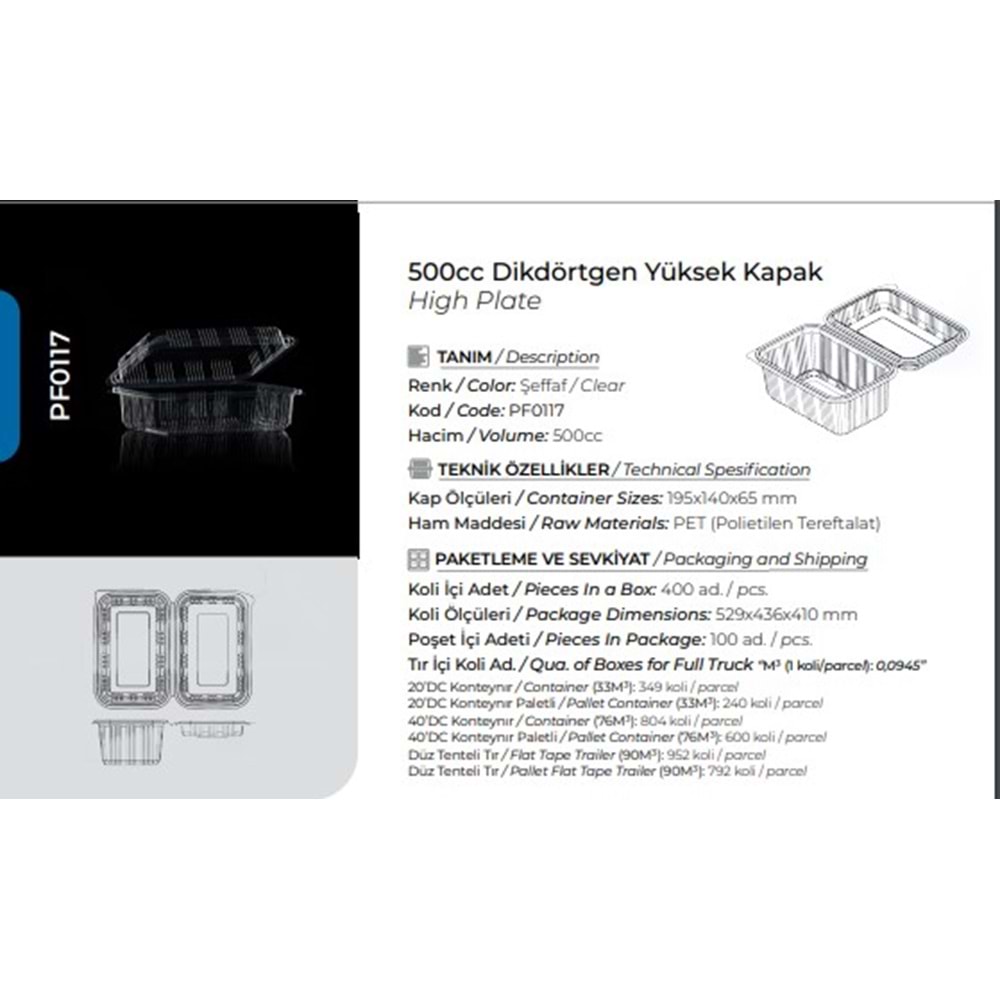 Pack Form 500cc Dikdörtgen YK Sızdırmaz Kase 100lü*4pk PF0117