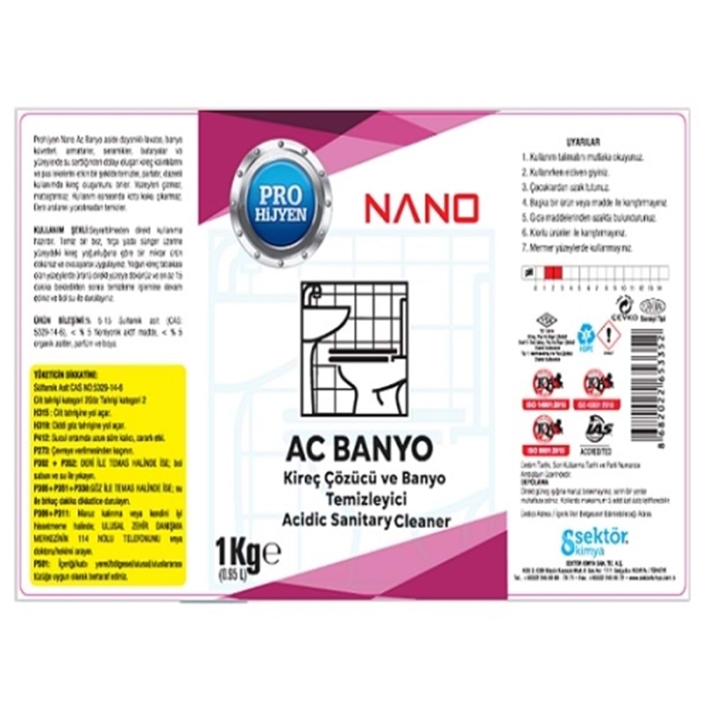 Prohijyen Nano AC Banyo Kireç Çözücü ve Banyo Temizleyici 1kg*12ad PF013